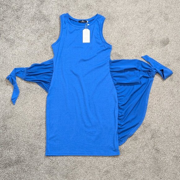 LILLUSORY Royal Blue Sleeveless Stretchy Knit Short Pencil Dress w Wrap; Size S - Picture 3 of 5